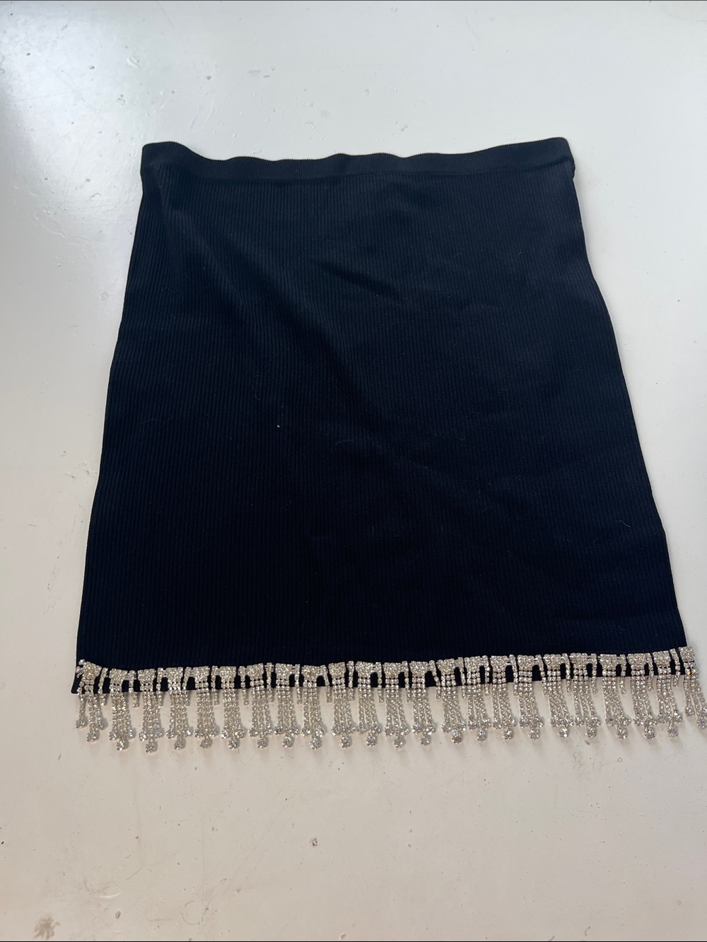 Sincerely Jules Medium Black Elastic Waist Pull On Silver Jewelled Fringe Skirt